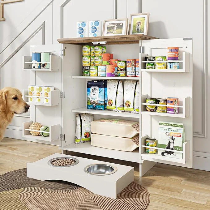 Soft FIMELLO 32.2 H Dog Feeding Station with Storage Dog Feeder Station with 2 Feeding Bowls Adjustable Shelf Pet Storage Cabinet Organizers for Cats and Dogs Oak and White GrainAbout ThisOverview Easy-to-Use