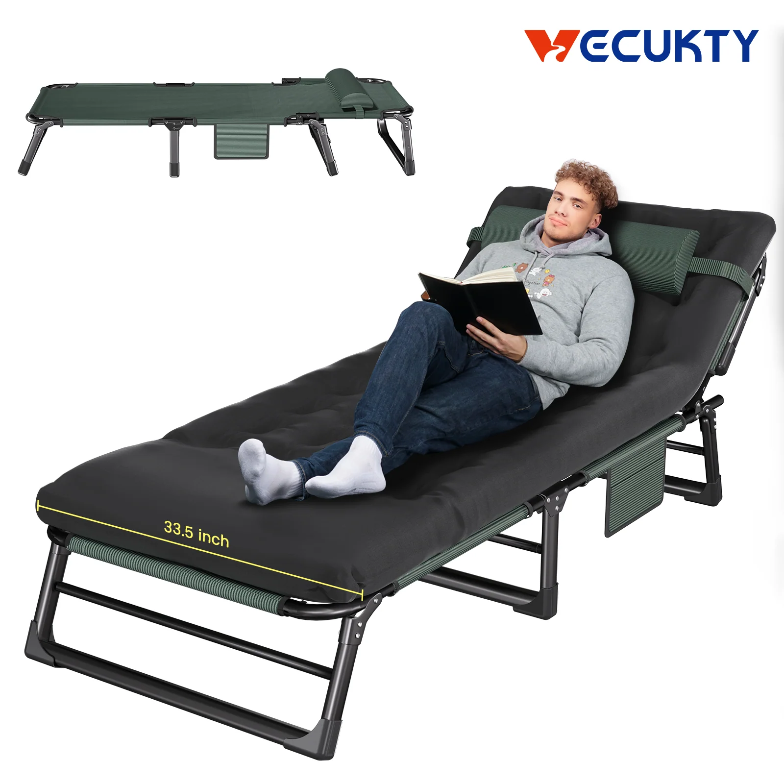 Flexible VECUKTY Foldable Camp Cot 500lb Capacity 4-Position Reclining Lounge Chair with Pillow Steel Frame Oxford Fabric for Camping Travel Outdoor Eco-Friendly