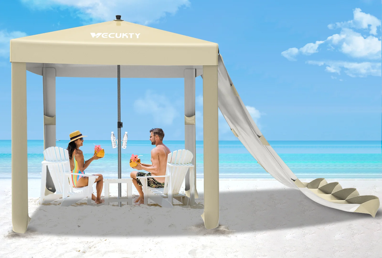 Reusable VECUKTY Beach Cabana 6.2 x 6ft Portable Beach Canopy with Side Wall UPF 50 UV Protection Easy to Set up Cool Beach Cabana Tent Waterproof Sun Shelter with Privacy Sunwall for Sand-Beige Powerful