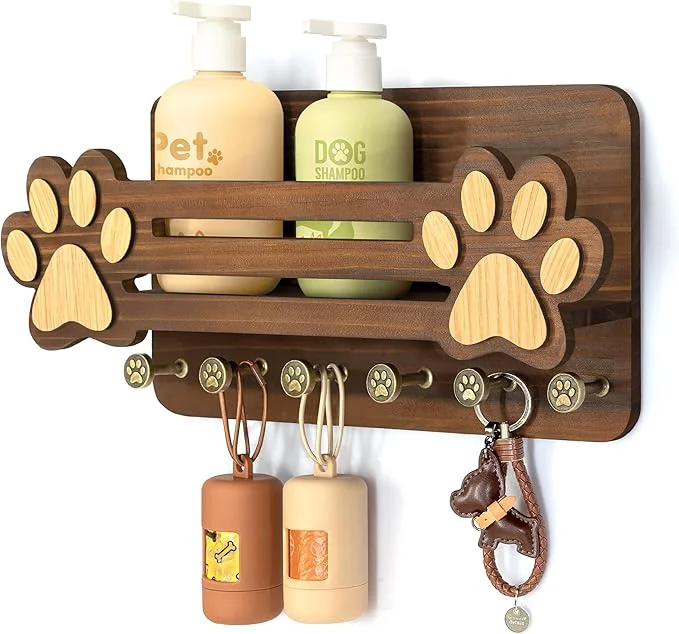 Fine Crafted MTERSN Decorative Dog Leash Holder for Wall - Dog Accessories Organizer with Floating Shelf and 6 Key Hooks – Key Holder Wall Mount for Cute Stuff Rustic Home Decor Brown About ThisOverview Fast