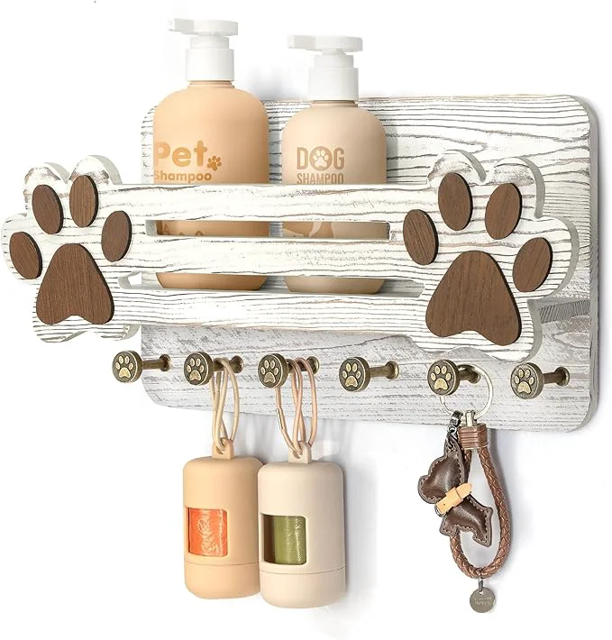 Outstanding MTERSN Farmhouse Dog Leash Holder for Wall - Cute Dog Accessories Storage Organizer with Floating Shelf and 6 Key Hooks – Key Holder Wall Mount for Rustic Home Decor White About ThisOverview Recyclable