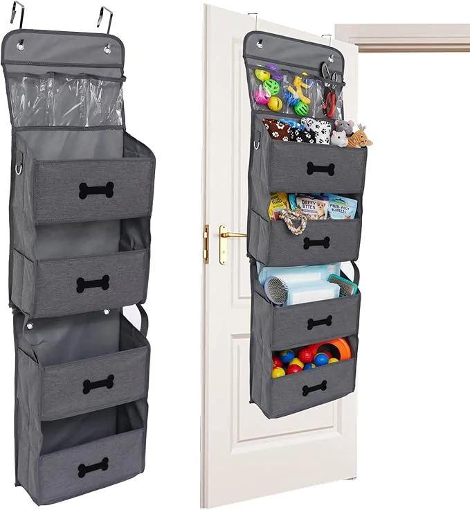 Contemporary 4-Shelf Dog Storage Organizer for Dog Toys Over Door Basket for Pet Stuff with 2 Metal Hooks 4 Large Pockets for Dogs Leash Harness Toys Treats-with DIY Tag-48'' Height -Grey ﻿About ThisOverview Optimized