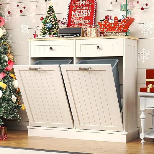 Smart Tilt Out Trash Can Cabinet Dog Proof with Double Wood Hidden Holder Kitchen Standing Recycling Cabinet（White）About ThisOverview Versatile