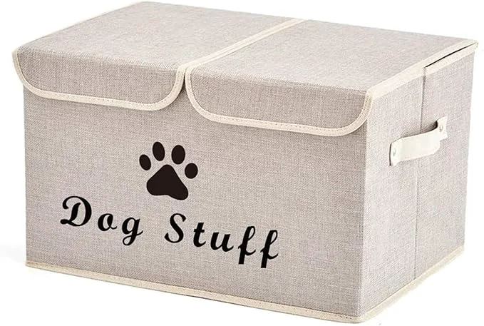 Sustainable Geyecete Large Storage Boxes - Large Linen Fabric Foldable Storage Cubes Bin Box Containers with Lid and Handles for Dog Apparel Accessories Dog Clothing Beige About ThisOverview Contemporary