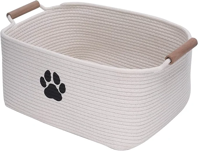 Flexible Geyecete dog toy basket Cotton Rope dog toy box with wood handle pet toy bin Blanket Storage Basket Decorative Clothes Hamper Basket Large BasketsAbout ThisOverview Long-Lasting