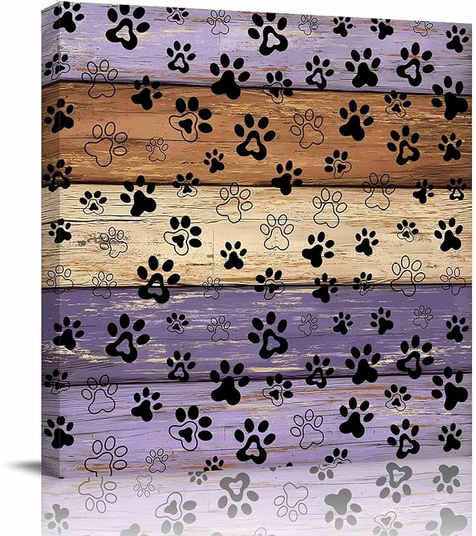 Fashionable Framed Canvas Wall Art for Living Room Dog Paw Print Wall Decor Retro Brown Purple Wood Grain Aesthetic Paintings for Bedroom Office Kitchen Bathroom Ready to Hang Artwork Wall Pictures 20x20 InchAbout This Smooth