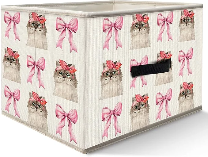 Effective Nogrit Coquette Pink Bow Cat Storage Bins Box Toybox for Girls Preppy Cute Cat Kitten Foldable Baskets Organizer Container with Handles for Kids Girls Bedroom Bathroom Clothes Toys BooksAbout ThisOverview Premium Material