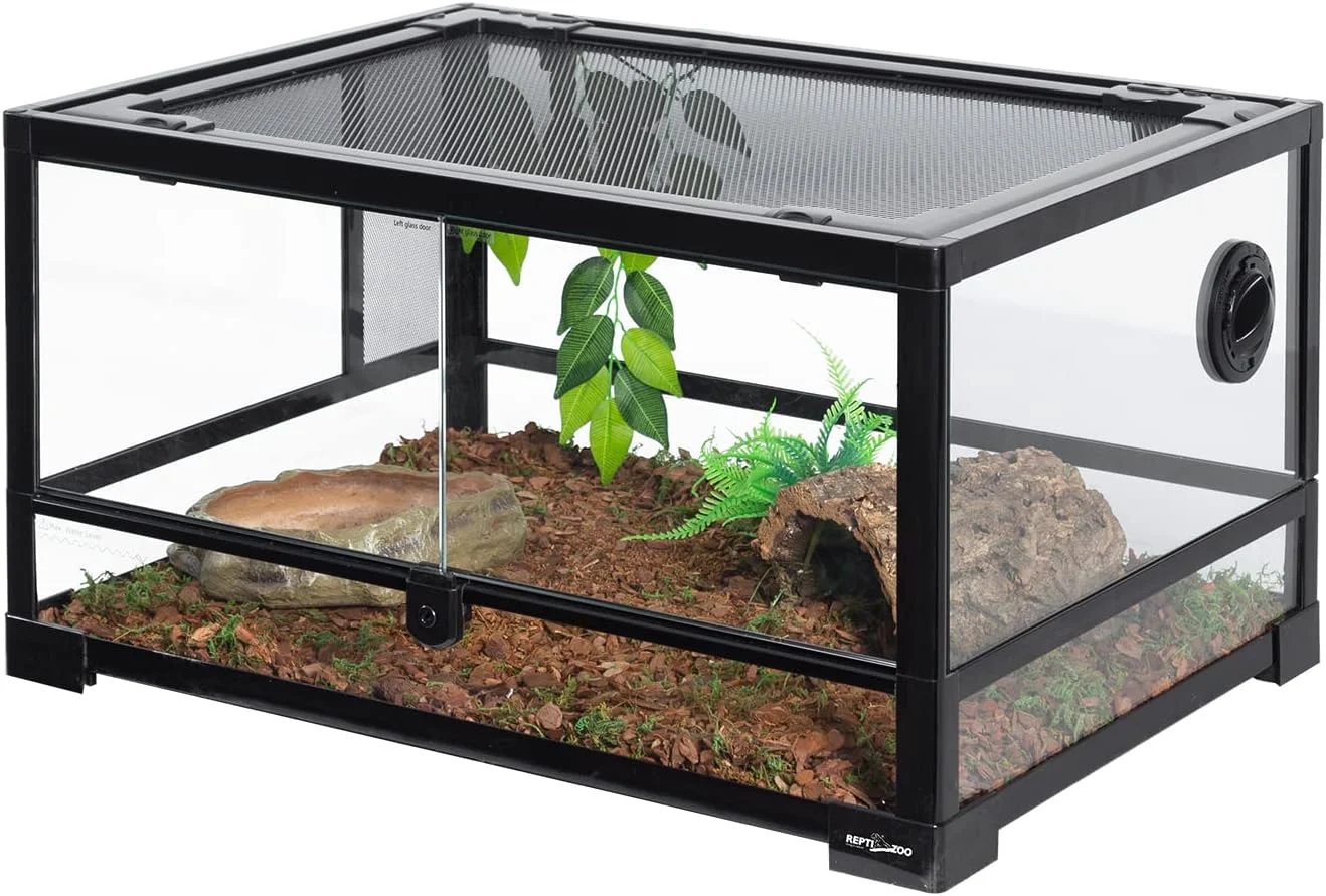 First-Class REPTI ZOO Full Glass 20 Gallon Reptile Tank Front Opening Reptile Terrarium 24 x 18 x 12 Double Hinged Opening Doors Top Screen Ventilation Escape Proof Lid Lightweight