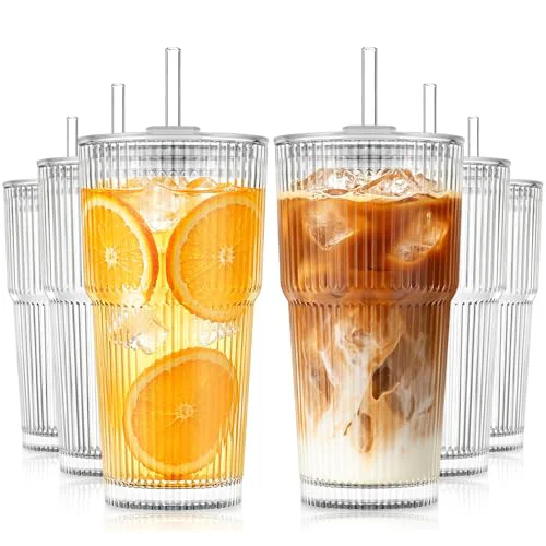 Traditional 20oz Ribbed Glass Tumblers with Lids and Straws Reusable