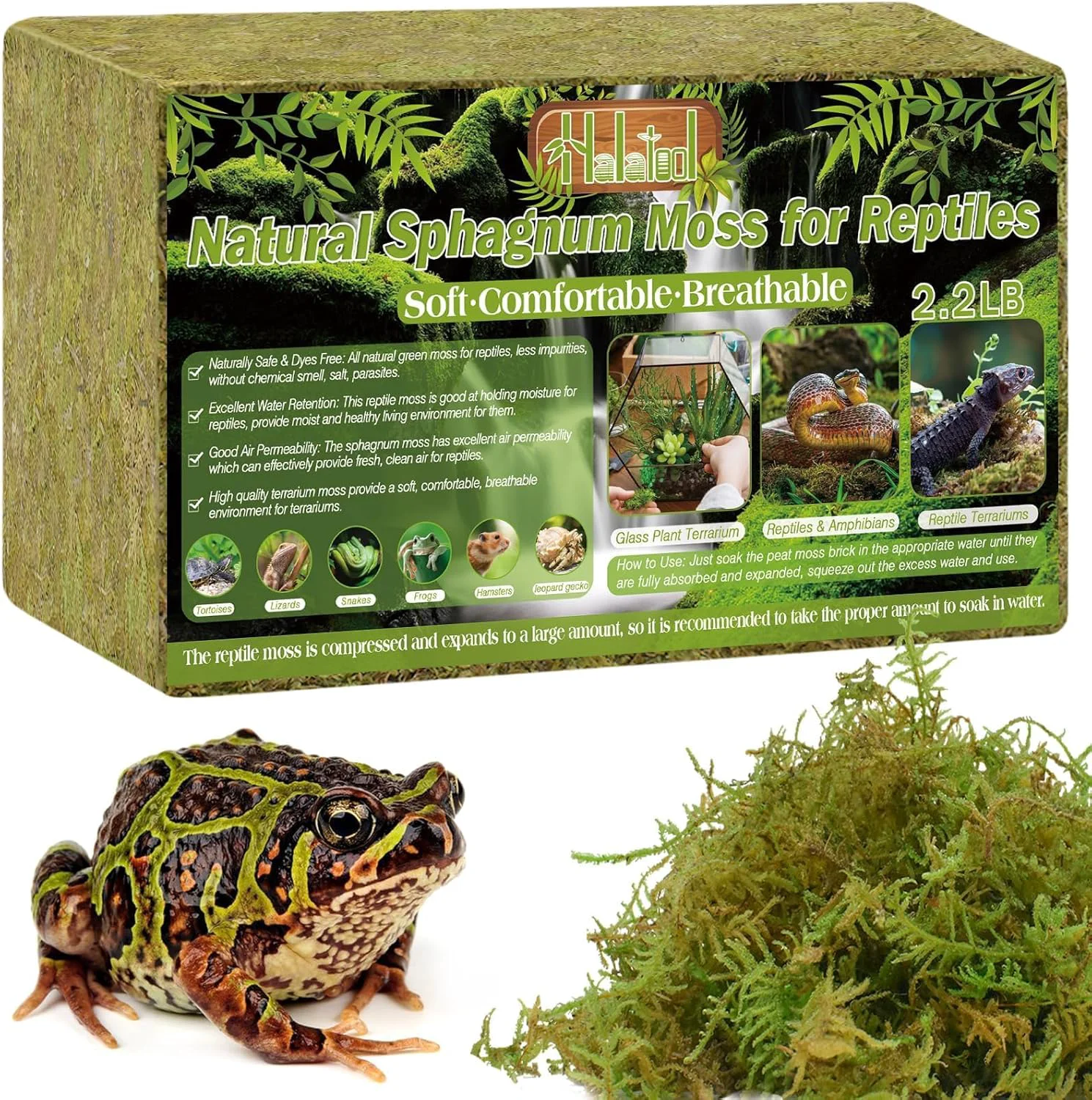 Relaxed Halatool 2.2LB Natural Sphagnum Moss for Reptiles- 50QT Green Live Moss for Terrarium Plants Long Fiber Reptile Moss for Leopard Gecko Snake Hamsters Tortoises Frogs Lizards Salamanders Organic