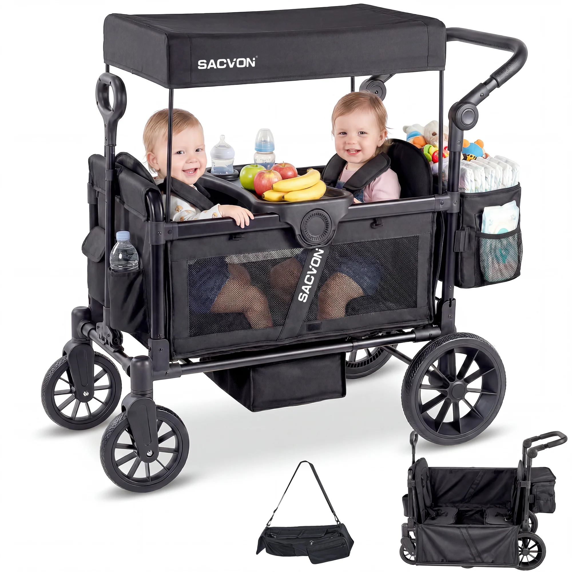 Advanced SACVON 2-Seater Stroller Wagon with Side Entry Canopy Snack Tray Includes Removable Storage Bag That Converts to a Backpack-Black Excellent