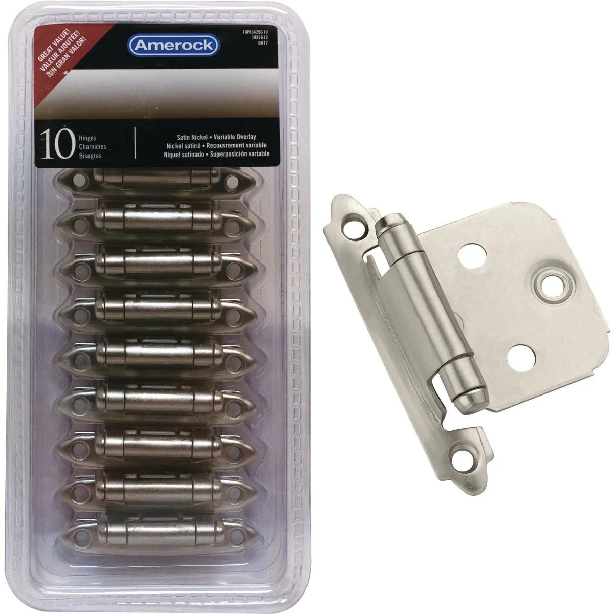 Proven Amerock Satin Nickel Face Mount Self-Closing Overlay Hinge 10-Pack Authentic