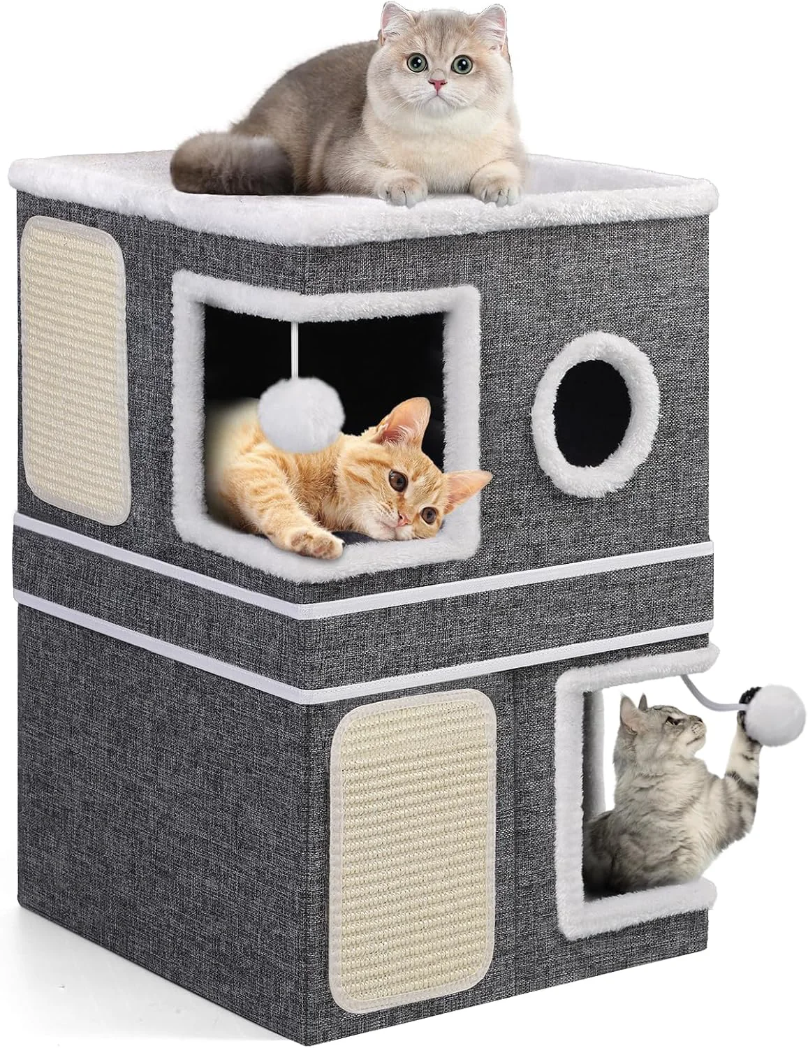 Fast 2-Storey Cat House for Indoor Cats Separate Into 2 Large Cat Bed Cave with Hideaway Condos Scratch Pads Hanging Balls Foldable Indoor Cat House Hold Up to 30LBS Cat Cube for Multiple Cats Kitten Refined