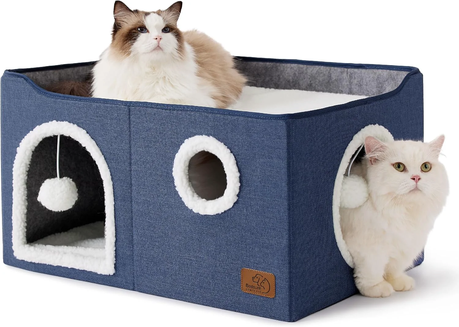 Flexible Bedsure Large Cat Beds for Indoor Cats - Extra Wide Cat Cube House for Small Pet with Fluffy Ball Hanging and Scratch Pad Foldable Pet Cave Hideaway for Multiple Cats 23.6x16.9x13 inches Blue Enhanced