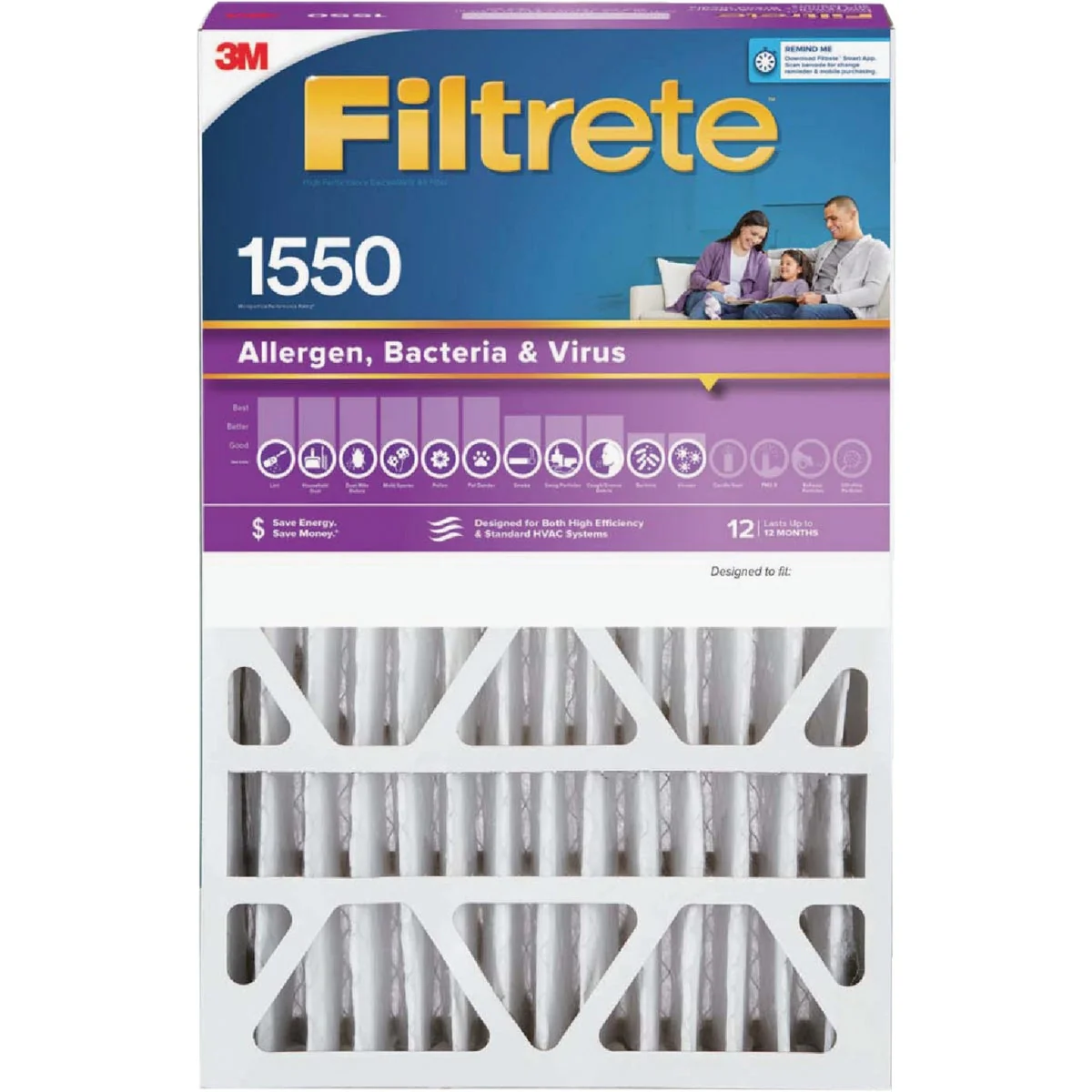 Durable 3M Filtrete 20 In. x 25 In. x 4 In. Allergen Bacteria Virus 1550 MPR Deep Pleat Furnace Filter Secure
