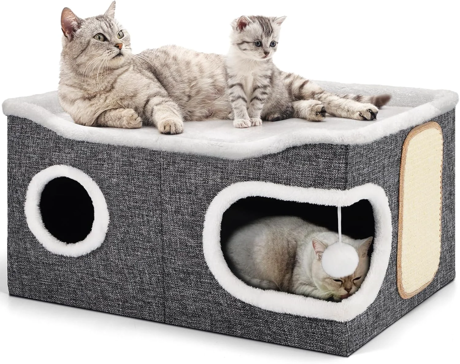 Innovative Cat Beds for Indoor Cats Extra Wide Cat Cube House for Multi Cats Foldable Cat Cave Hideaway with Arc-Edge Design Oval Door Double-Side Soft Cushion for All Seasons 24 L x 17.7 D x 12.6 H Grey Superior