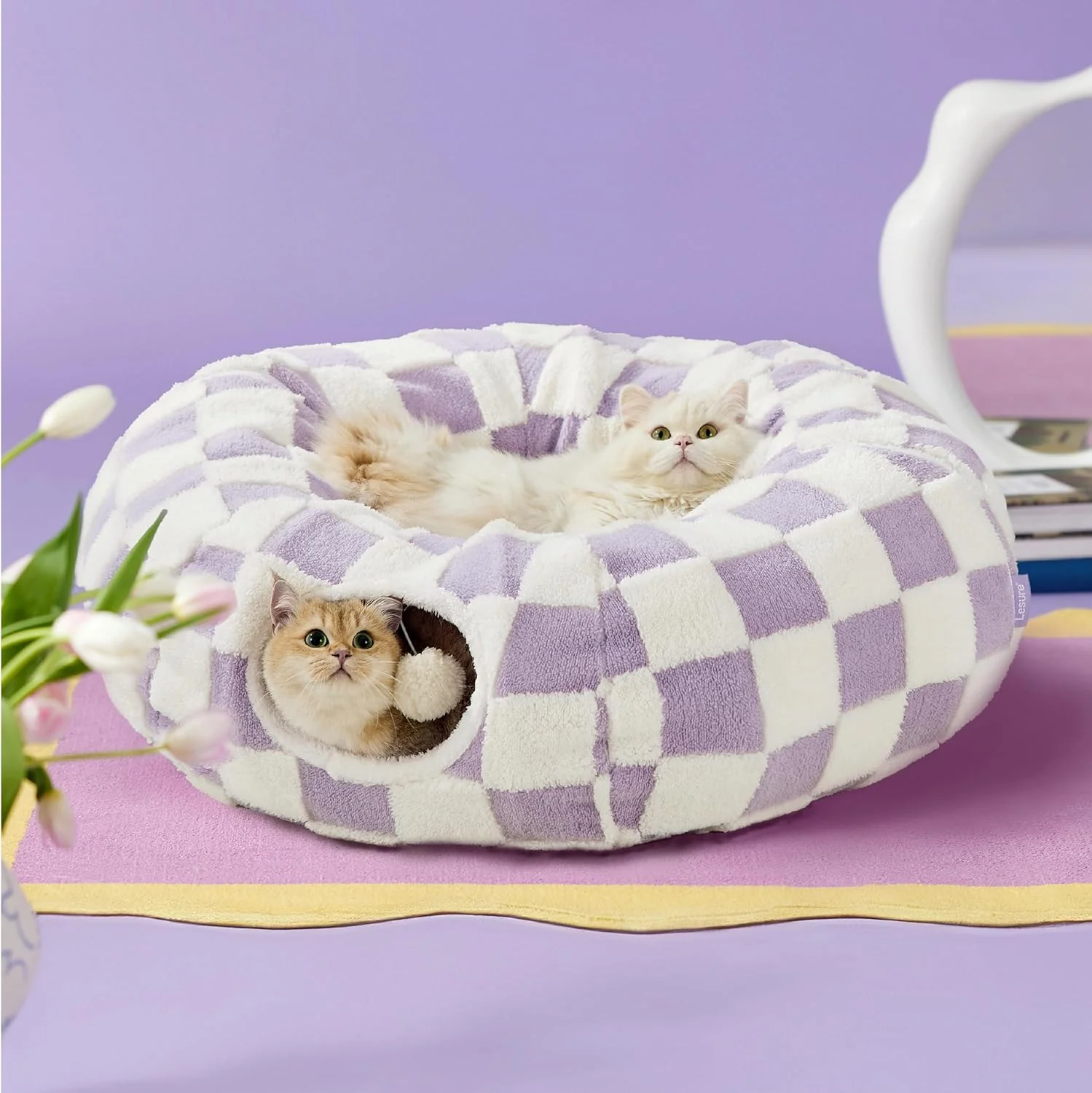 Practical Lesure Cat Tunnel Bed for Indoor Cats - Cute Cat Donut Tunnel Toys for Small Large Cats with Washable Circle Cushion Round Pet Peekaboo Cave Toy for Kitten Puppy Rabbit Standard Purple High-Quality
