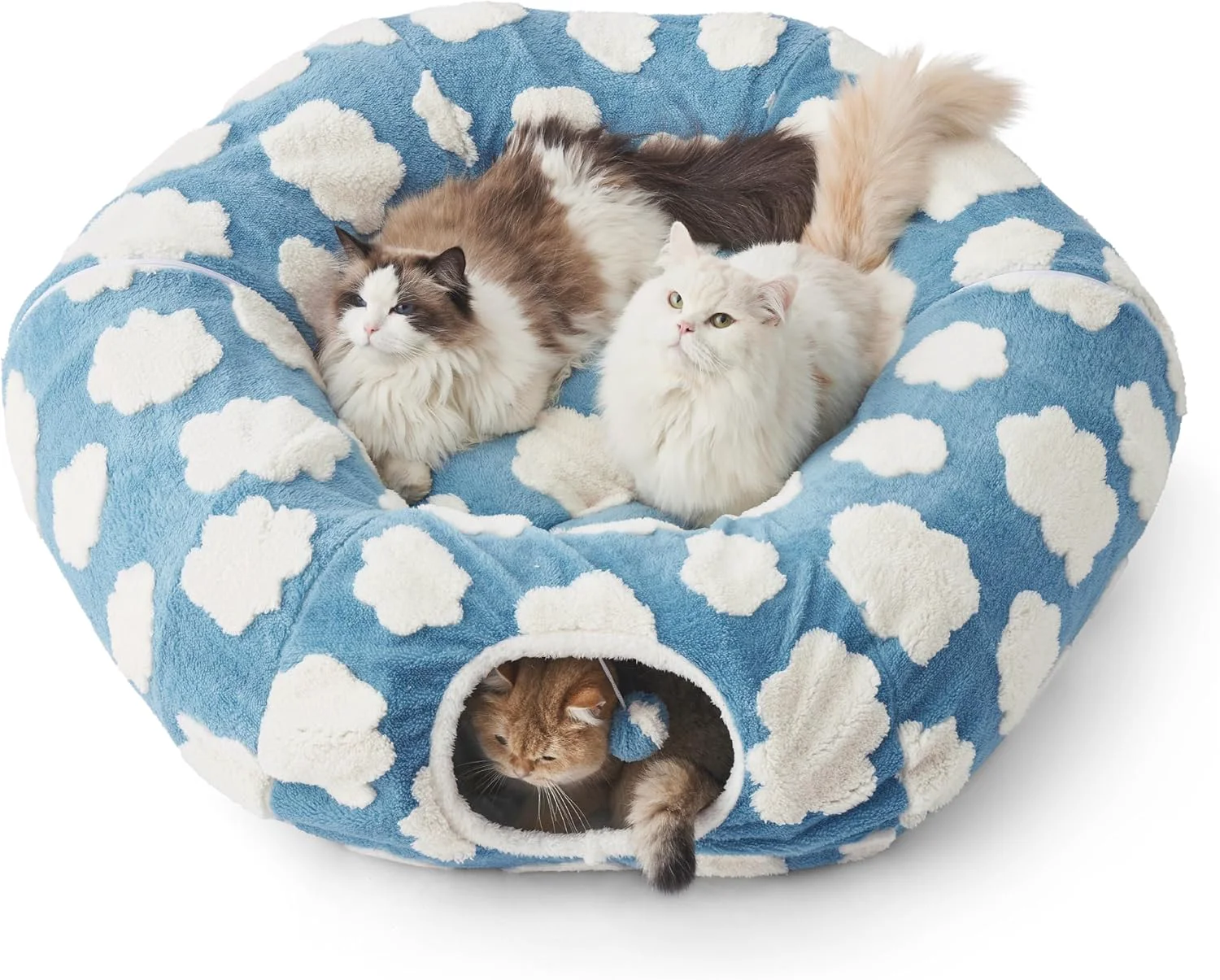 Modern Lesure Large Cat Tunnel Bed - Cute Donut Bed for Indoor Cats with Washable Circle Cushion Round Pet Peekaboo Cave Toy for Multi Kitten Puppy Rabbit Large Blue Traditional