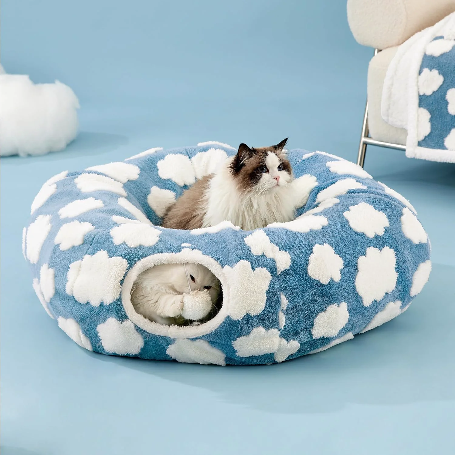 Healthy Lesure Cat Tunnel Bed for Indoor Cats - Cute Cat Donut Tunnel Toys for Small Large Cats with Washable Circle Cushion Round Pet Peekaboo Cave Toy for Kitten Puppy Rabbit Standard Blue Detailed