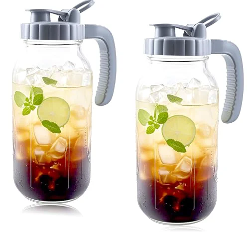 Classic 64 Oz Glass Mason Jar Water Pitcher With Lid Wide Mouth Sun Tea Pitchers 2 Count Versatile
