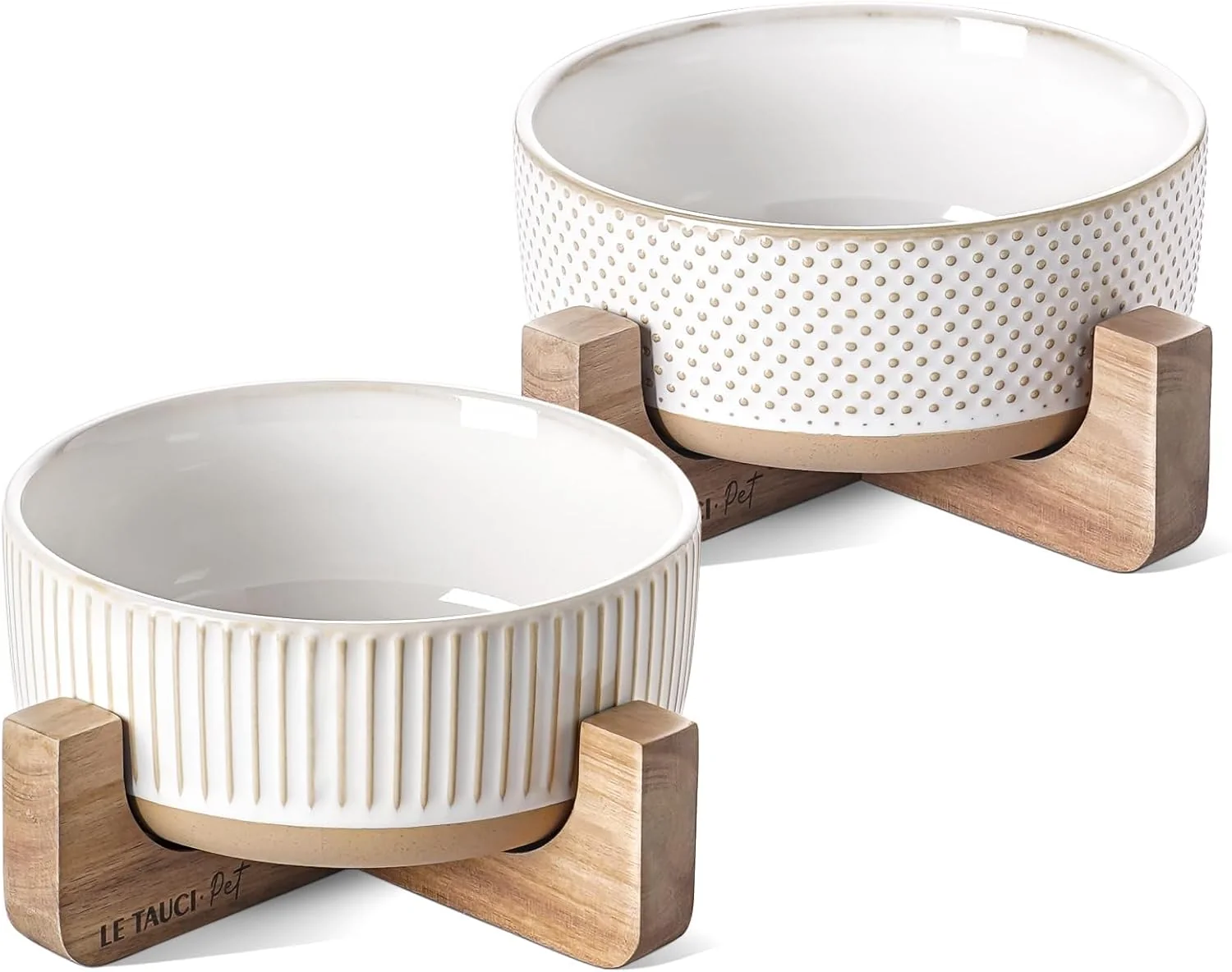 Responsible Ceramic Dog Bowls for Medium Small Dogs - 4 Cup Medium Dog Food and Water Bowls with Wood Stand Cute Pet Dishes Set of 2 Lines Dot Sustainable