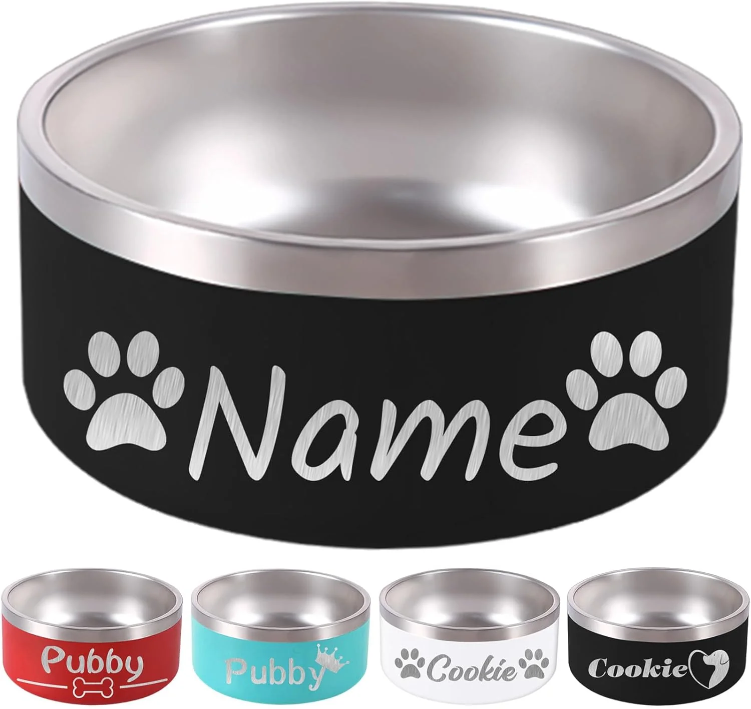 Comfortable 42OZ Personalized Dog Bowl Laser Engraved Custom Pet Name 18 32 42 64 oz No Slip Stainless Steel Insulated Bite-Resistant Food Water Dishes-Black Clean