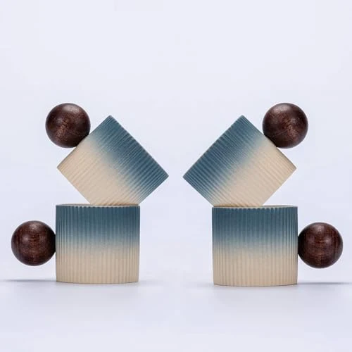 Official Ceramic Mini Espresso Cups Demitasse Cups with Round Wooden Handle Vertical Stripes Tea Cups 2 Count Natural