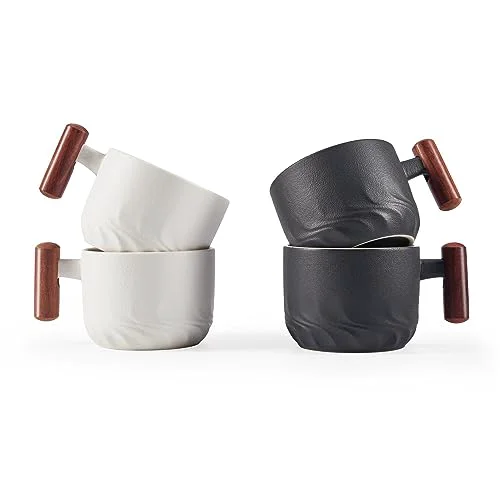 Recyclable 2.5oz Ceramic Espresso Cups with Wooden Handle 4 Count Organic