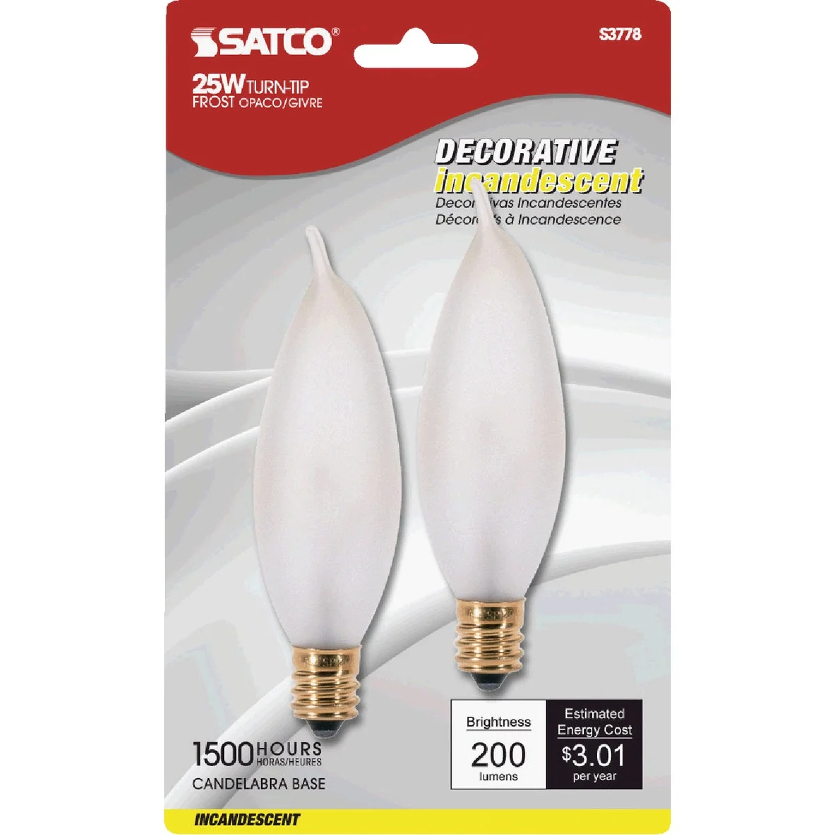 Natural Satco 25W Frosted Soft White Candelabra CA8 Incandescent Turn Tip Light Bulb 2-Pack Fine