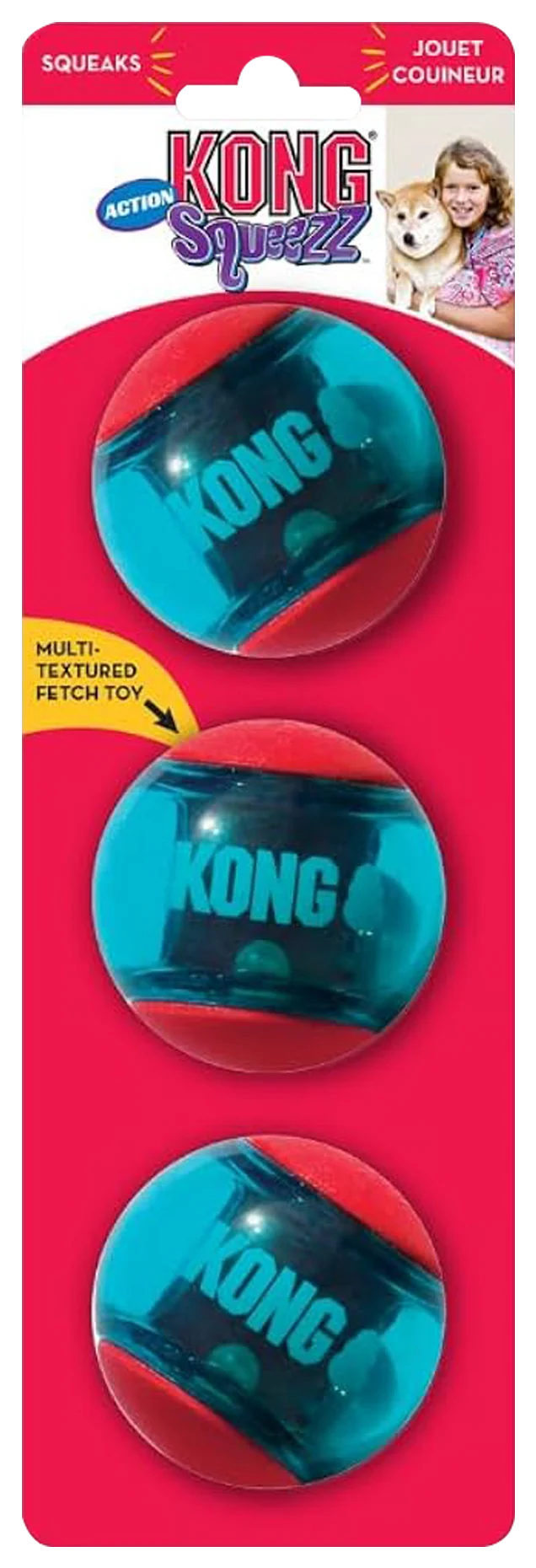 Certified KONG Squeezz Action Ball Dog Toy Red Medium 3 Count Fine