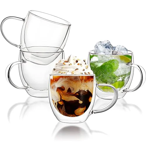 Luxury Set of 4 Double Walled Glass Coffee Mugs 8 Ounces Insulated Layer Coffee Cups with Handle Borosilicate Glass Espresso Cup for Hot Beverage 4 Count Breathable