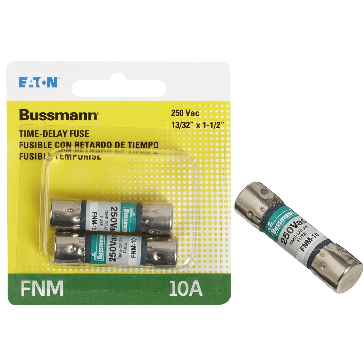 Safe Bussmann 10A Fusetron FNM Cartridge General Purpose Time Delay Cartridge Fuse 2-Pack Long-Lasting