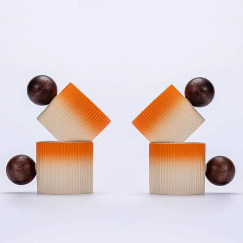 Eco-Friendly Ceramic Mini Espresso Cups Demitasse Cups with Round Wooden Handle Vertical Stripes Tea Cups 4 Count Top-Quality