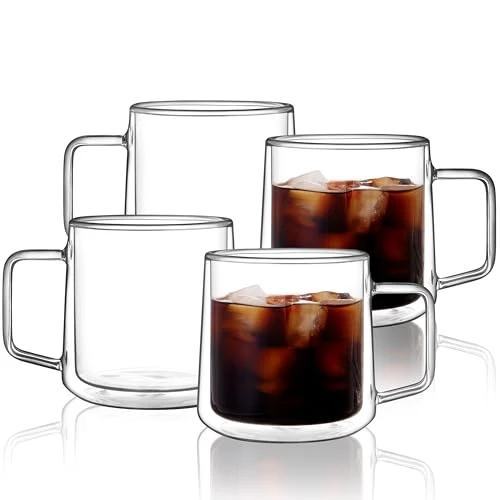 Fashionable 15oz 4-pack Double Walled Glass Coffee Mugs Large Insulated Glass Mugs with Handle Clear Coffee Cups for Espresso Latte Cappuccino Tea 4 Count Versatile