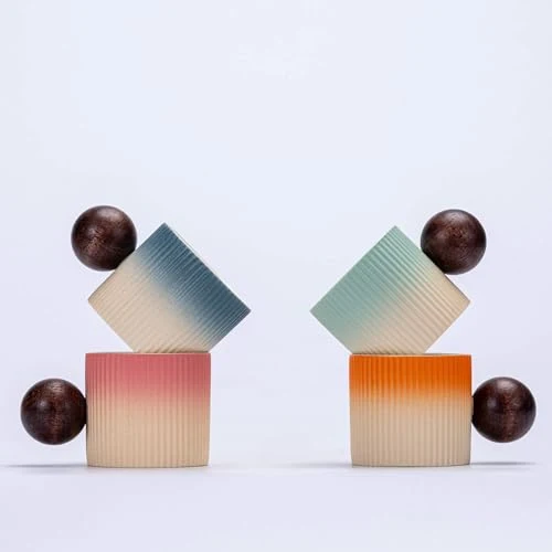 Natural Ceramic Mini Espresso Cups Demitasse Cups with Round Wooden Handle Vertical Stripes Tea Cups 2 Count Green
