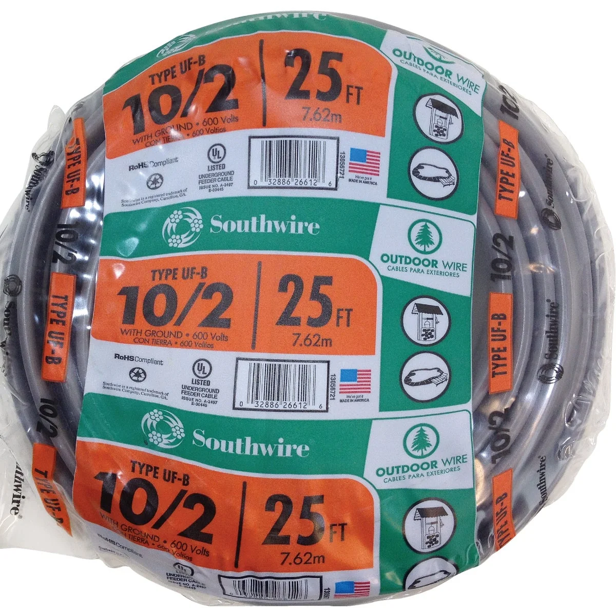 High-Quality Southwire 25 Ft. 10 AWG 3-Conductor UFW G Electrical Wire Smooth