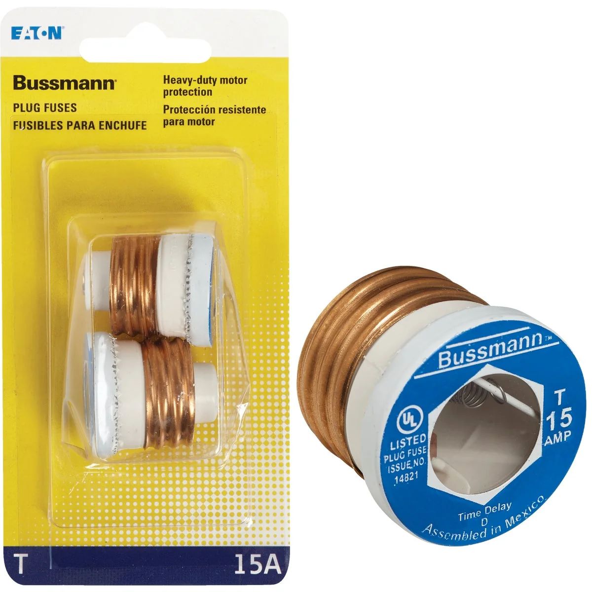 Reusable Bussmann 15A T Time-Delay Plug Fuse 2-Pack Environmentally Friendly