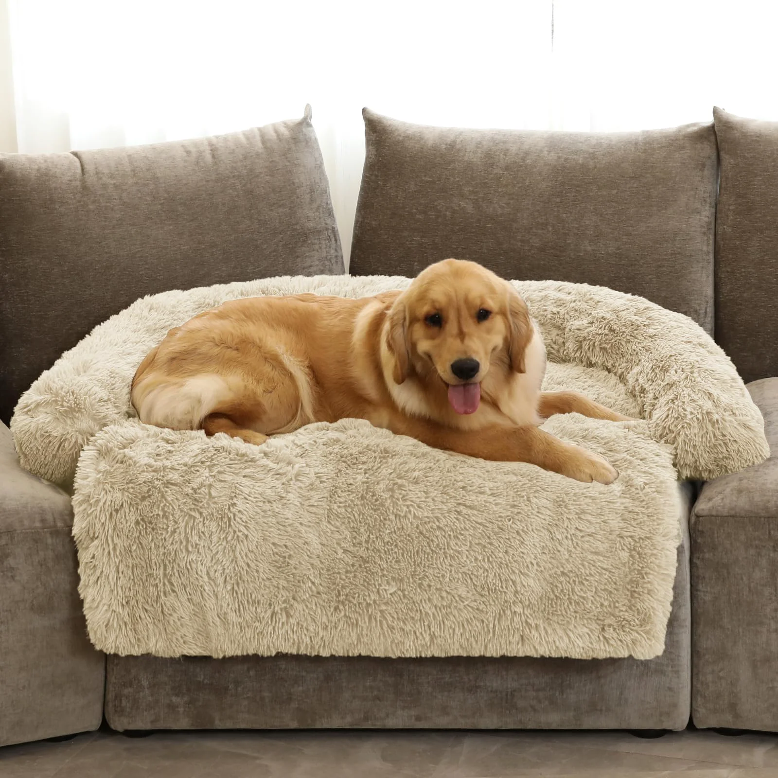 Secure GGIB Calming Dog Bed Fluffy Plush Mat - Extra Large 53x39 Beige Non-Slip Removable Cover Expertly Made