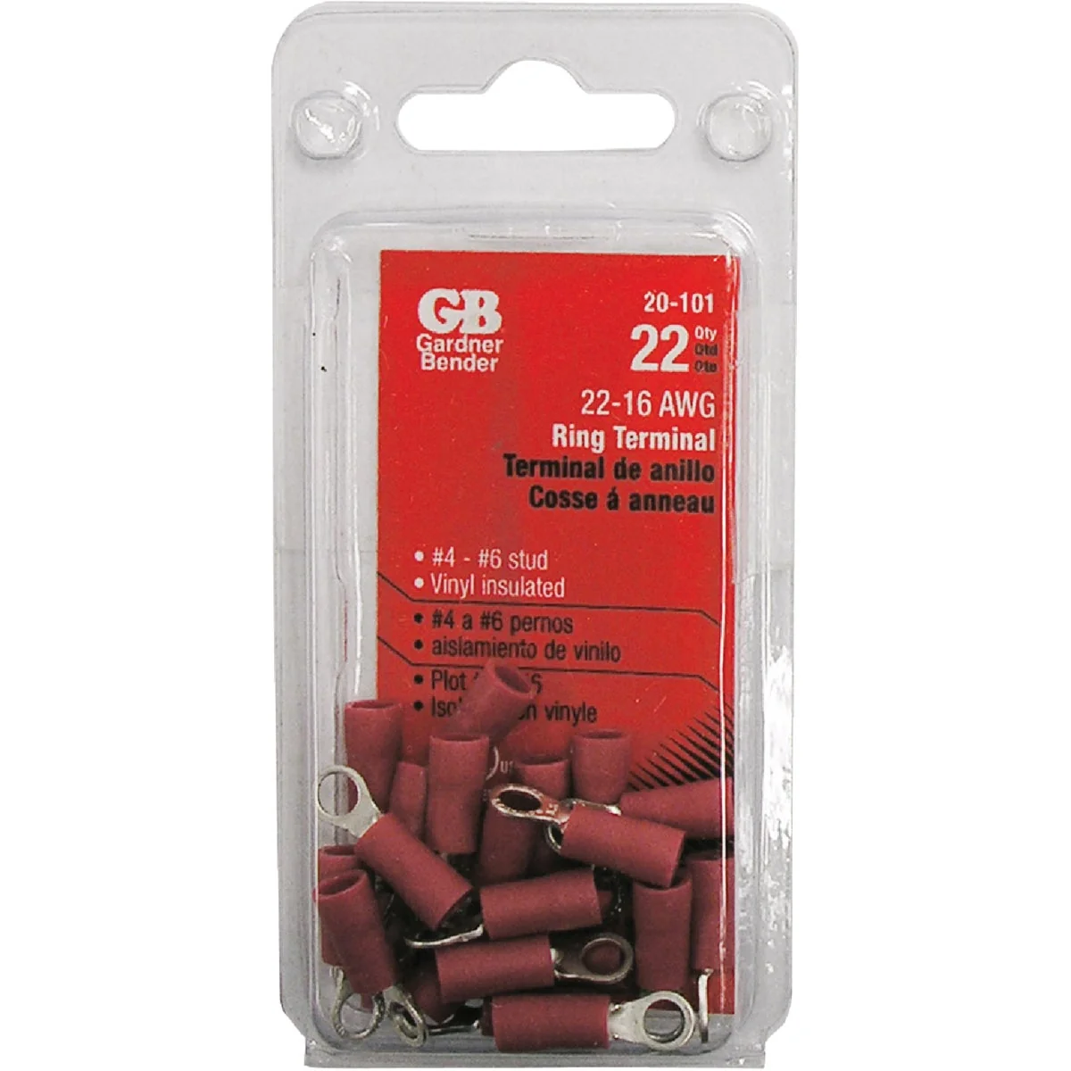 Lightweight Gardner Bender 22 to 16 AWG 4 to 6 Stud Size Red Vinyl-Insulated Barrel Ring Terminal 22-Pack Recyclable