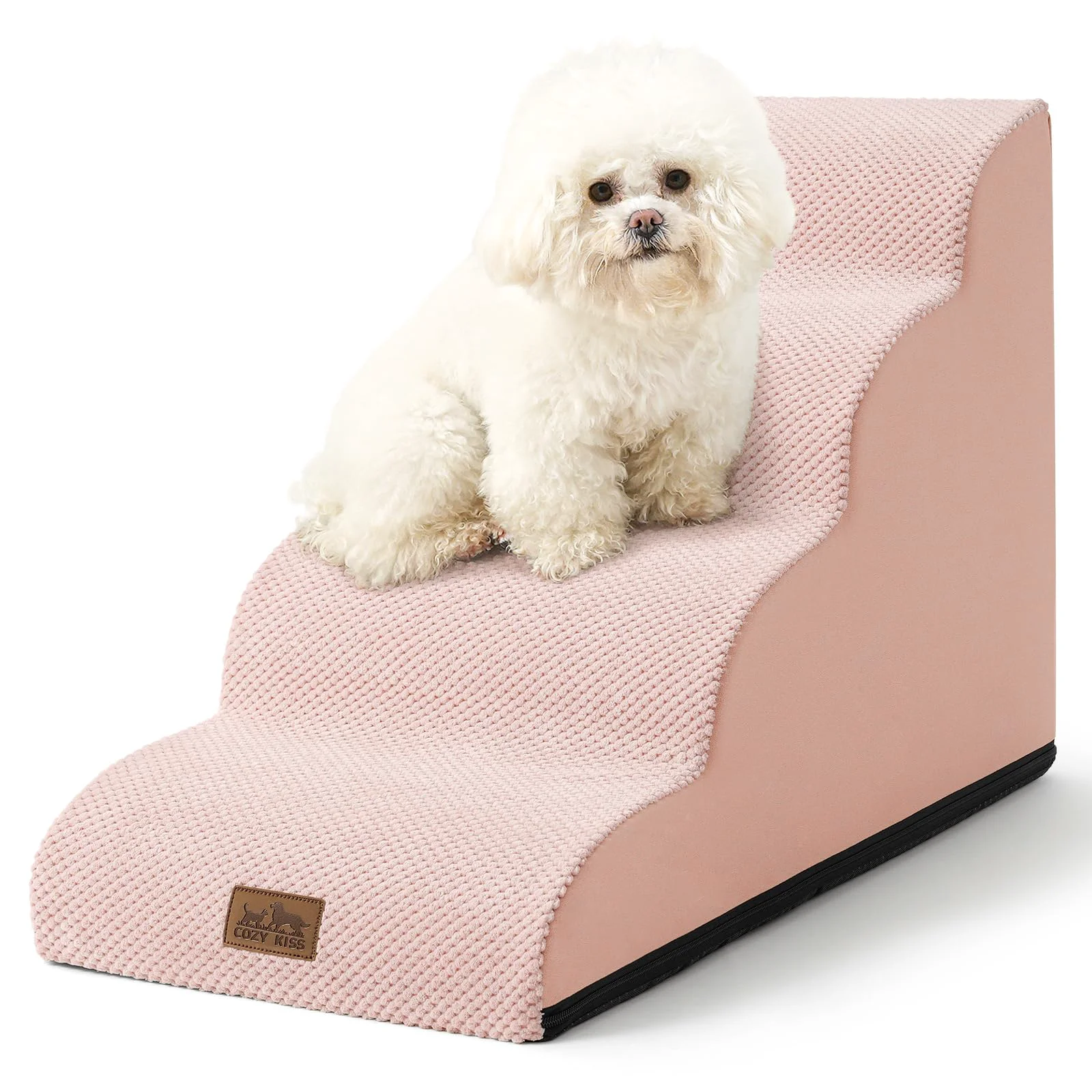 High-End COZY KISS Dog Stairs for Small Dogs – 4-Step Pink Curved Ramp 19.7 in Height for Sofa and Bed Prestigious