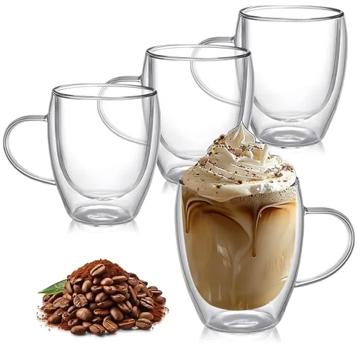 Natural 8 Ounces Set of 4 Double Walled Glass Coffee Mugs with with Handle Insulated Layer Coffee Cups Borosilicate Glass Espresso Double Insulated Clear Glass Coffee Mug for Hot Beverages 4 Count Reusable