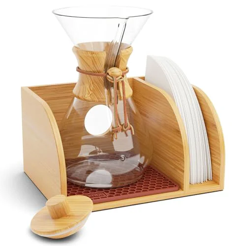Natural Pour Over Caddy with Lid for Chemex Bodum Cosori Coffee Makers Brown Luxury