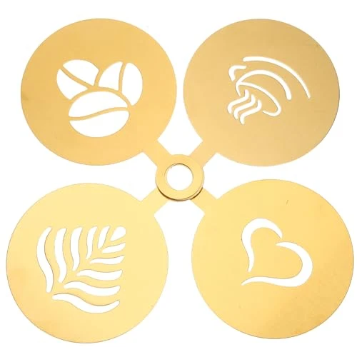 Original 4pcs Golden Practical Latte Stainless Steel Reusable Stencils Mould Sugar DIY Baking Art Gold Decorating Cake Milk Cappuccino Templates Painting Tool Sieve Pattern Coffee Store 4 Count Outstanding