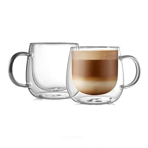 High-Quality 16oz Double Walled Glass Coffee Mugs 2 Count Pure