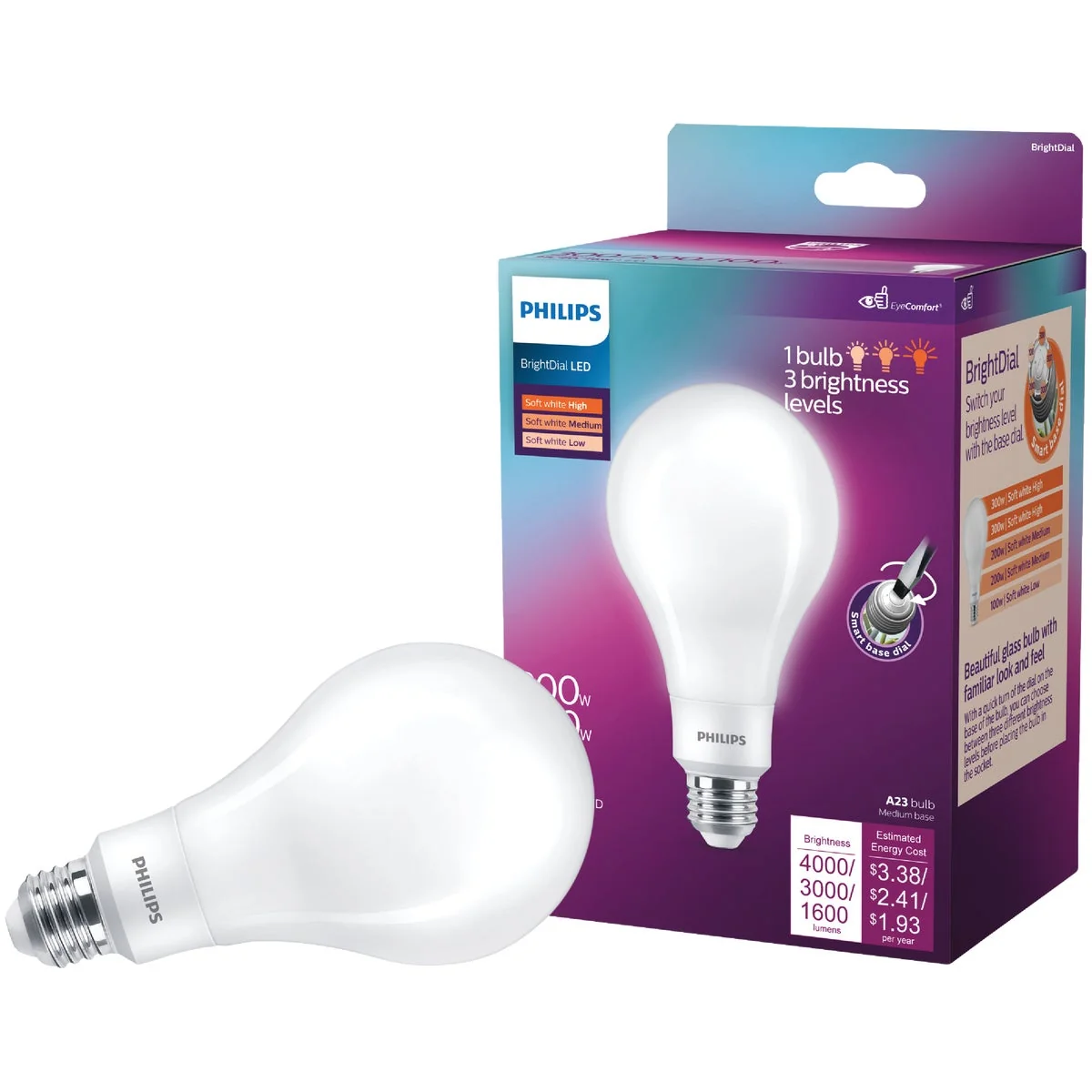 Fashionable Philips BrightDial 300 200 100W Equivalent Soft White A23 Medium LED Light Bulb Genuine