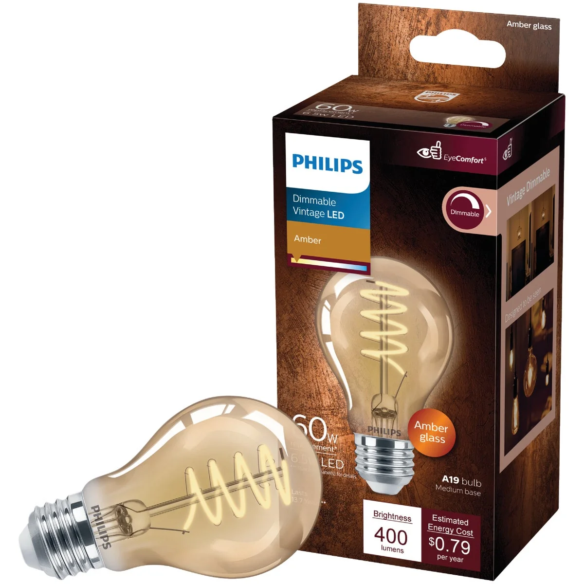 Convenient Philips 60W Equivalent Amber Medium A19 Dimmable Vintage LED Light Bulb Exclusive