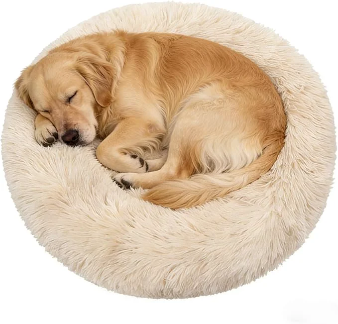 Excellent Calming Donut Dog Beds Large Sized Dog - Washable Removable Cover Non-Slip Round Pet Bed Warming Fluffy Plush Faux Fur Anti-Anxiety Thick Cushion Fits up to 80 lbs Beige 36 About ThisOverview Artisan
