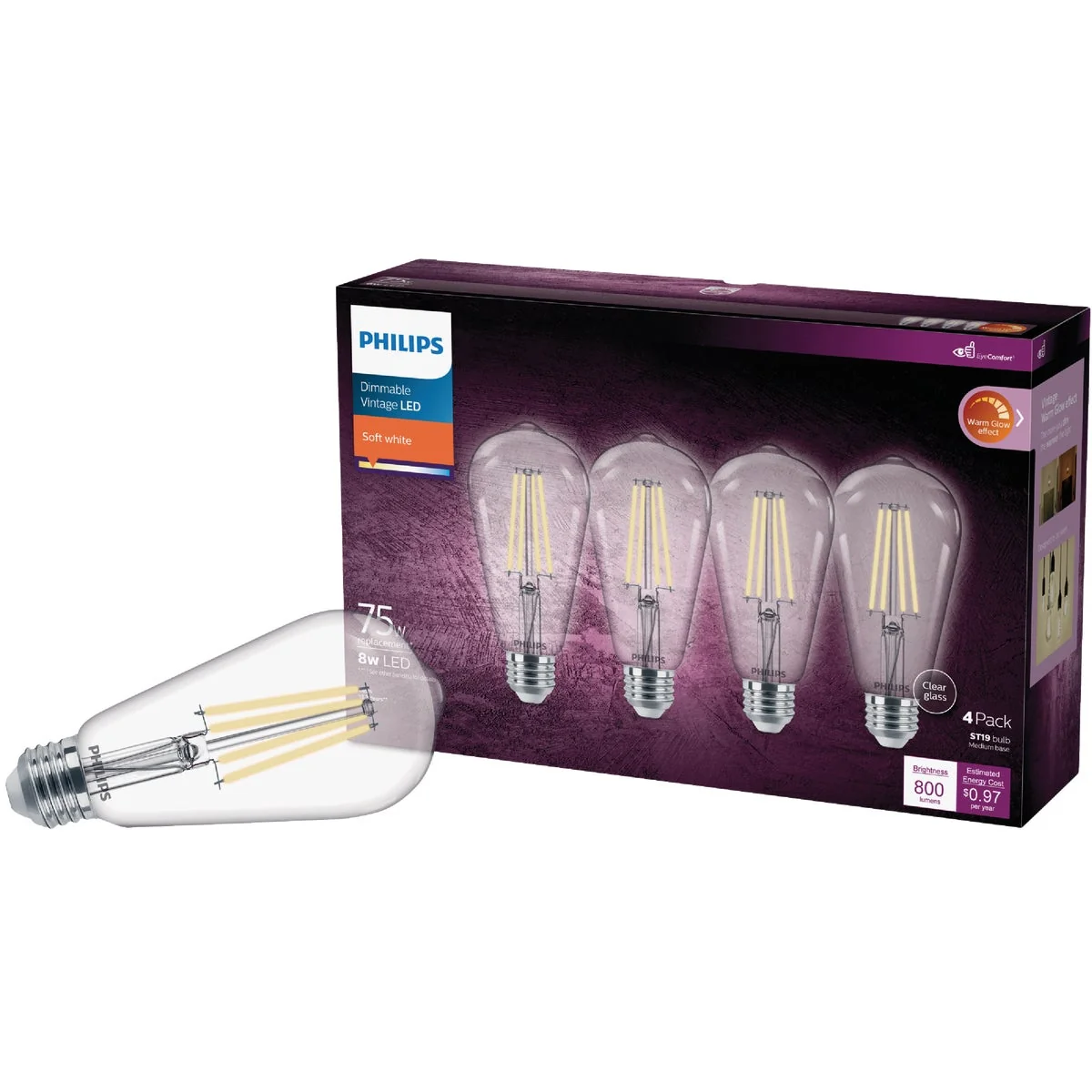 Prestigious Philips Warm Glow 75W Equivalent Soft White ST19 Medium Vintage LED Decorative Light Bulb 4-Pack Detailed