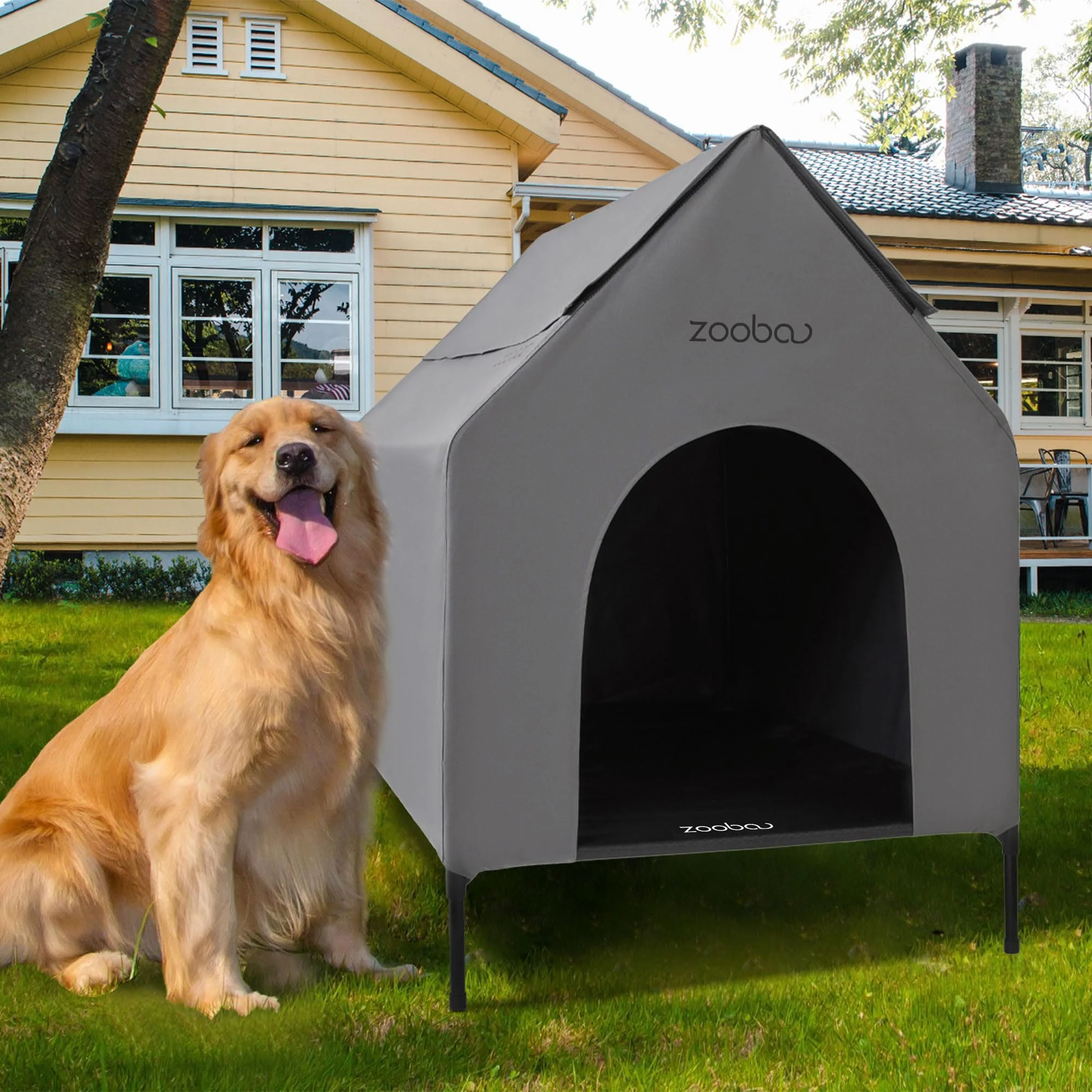 Fine Zooba 36-inch Large Dog House – Indoor Outdoor Weatherproof with Breathable d Bed Grey Efficient