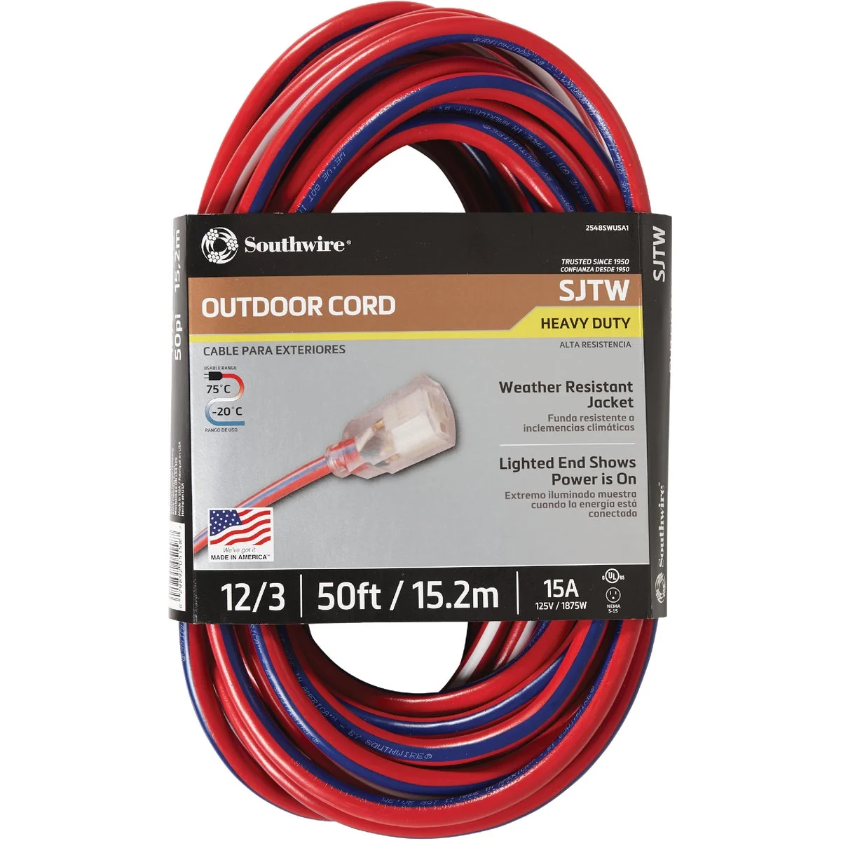 Premium Southwire 50 Ft. 12 3 Indoor Outdoor Red White Blue Striped Patriotic Extension Cord Trendy